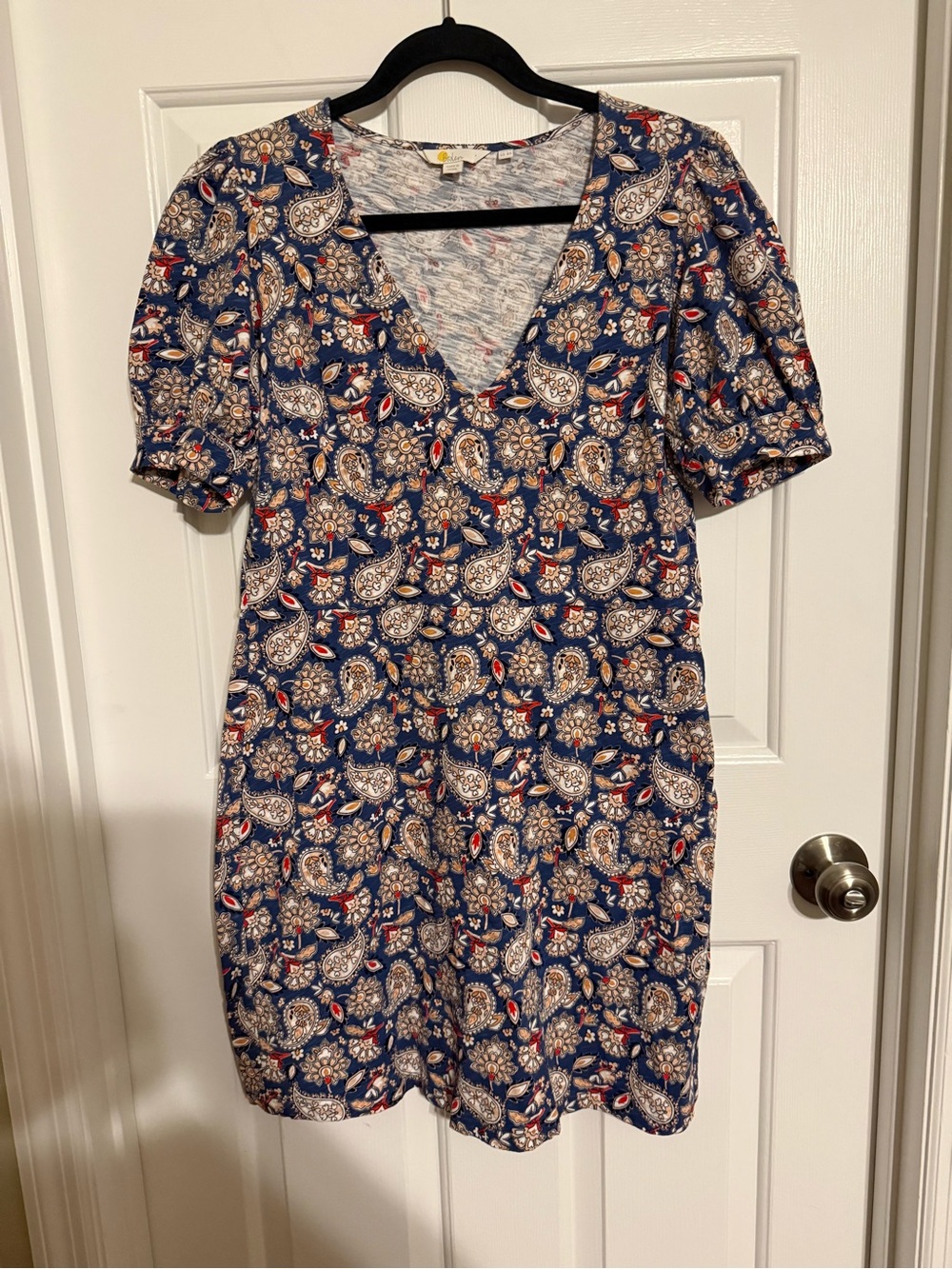 Boden Navy Paisley Short Puff Sleeve V-Neck Cotton Jersey Mini Dress 8R